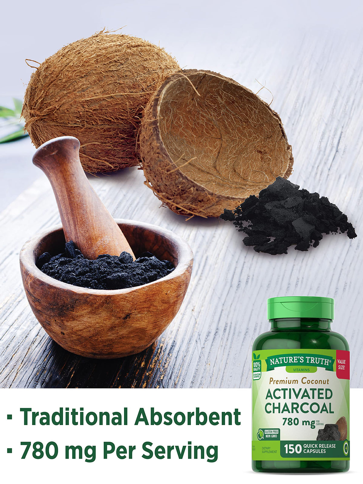 Nature's Truth Activated Charcoal Capsules 780mg | 150 Pills | Value Size | Non-GMO