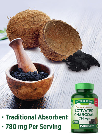 Nature's Truth Activated Charcoal Capsules 780mg | 150 Pills | Value Size | Non-GMO