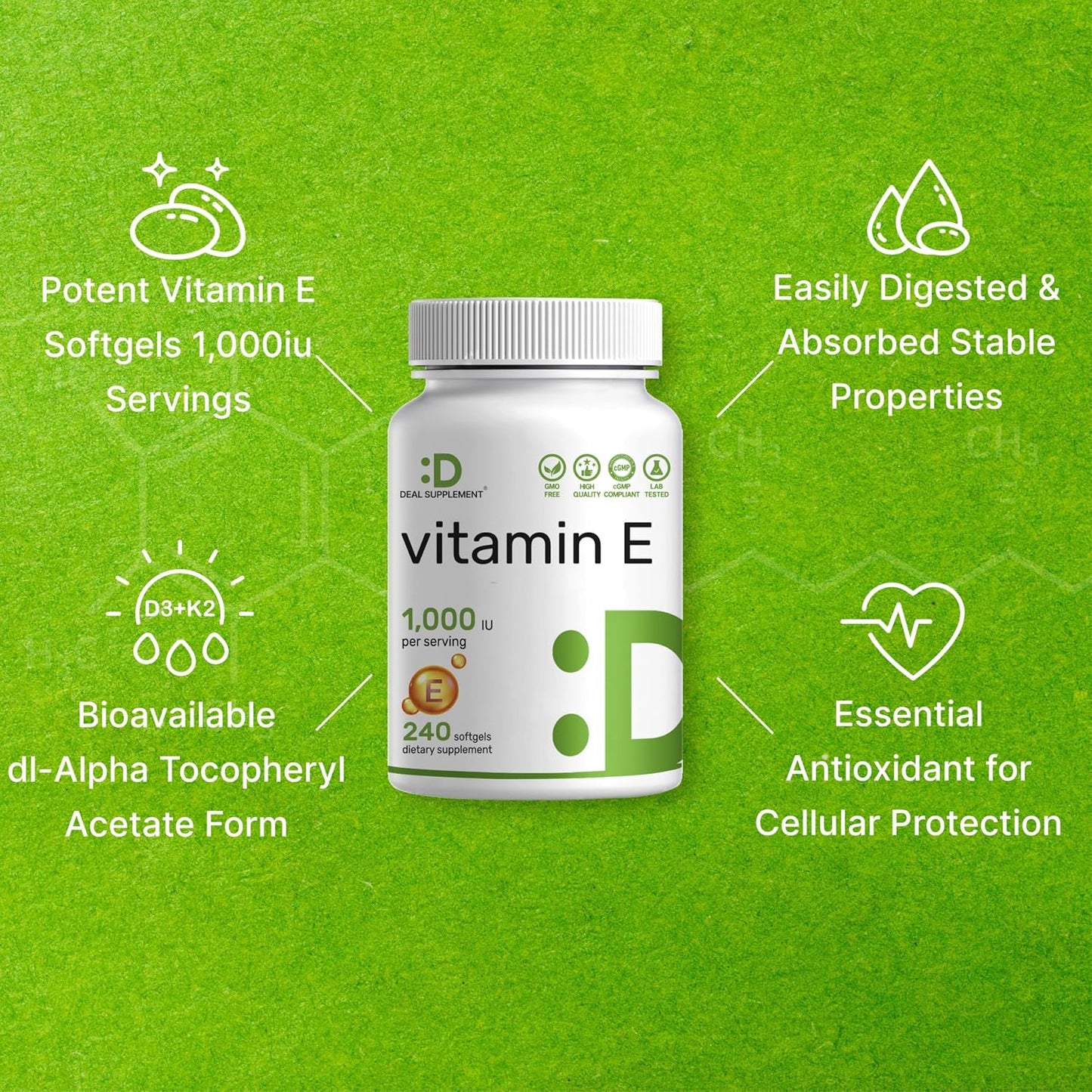 Vitamin E Supplements, 1,000 IU Per Serving, 240 Softgels – Extra Strength Antioxidant Protection – Bioavailable Stable Form – Skin, Heart, Brain, & Immune Support – Non-GMO