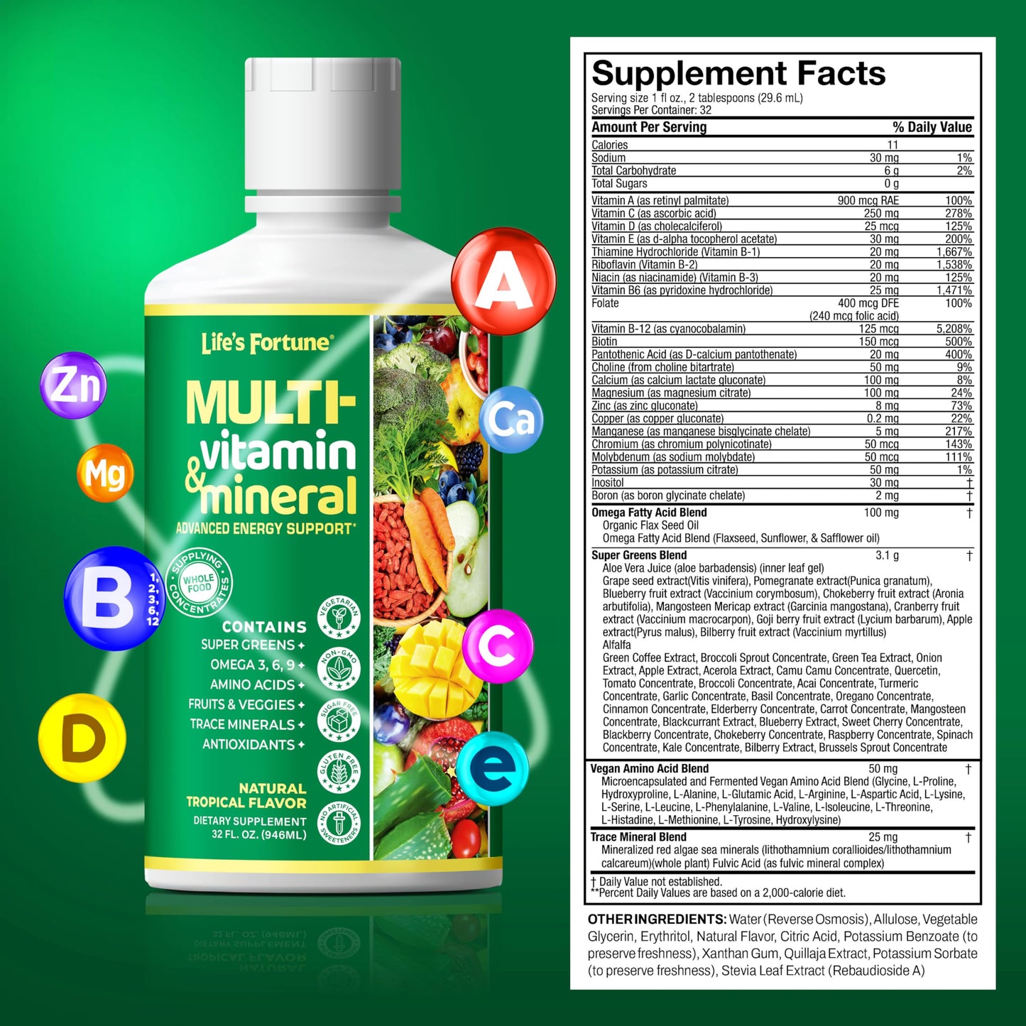 Life’s Fortune Liquid Multivitamin for Adults and Seniors – Fast Absorption Vitamins and Minerals with 90+ Nutrients for Energy and Immune Support – Easy to Digest, Sugar Free, Tropical Flavor, 32 oz