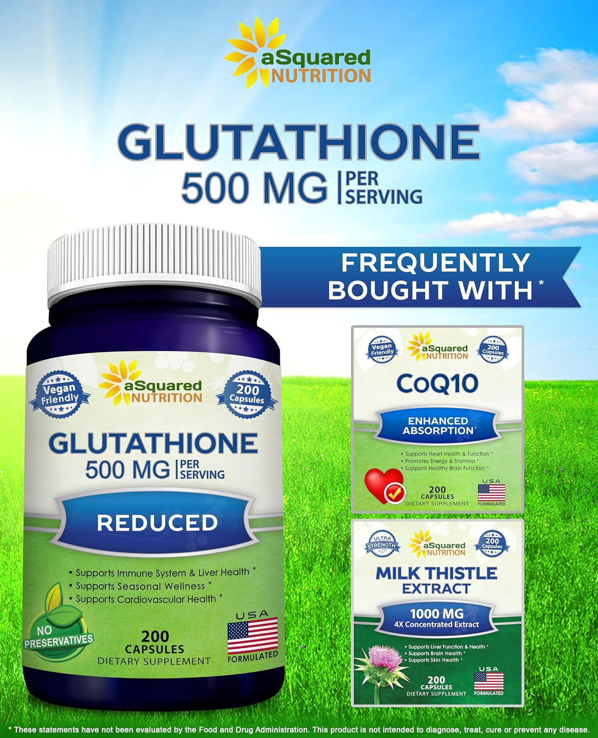 aSquared Nutrition Reduced Glutathione 500mg Per Serving Supplement -200 Capsules -L-Glutathione Antioxidant to Support Liver Health & Detox - Max Strength Powder Pills to Help Immune & Brain Function