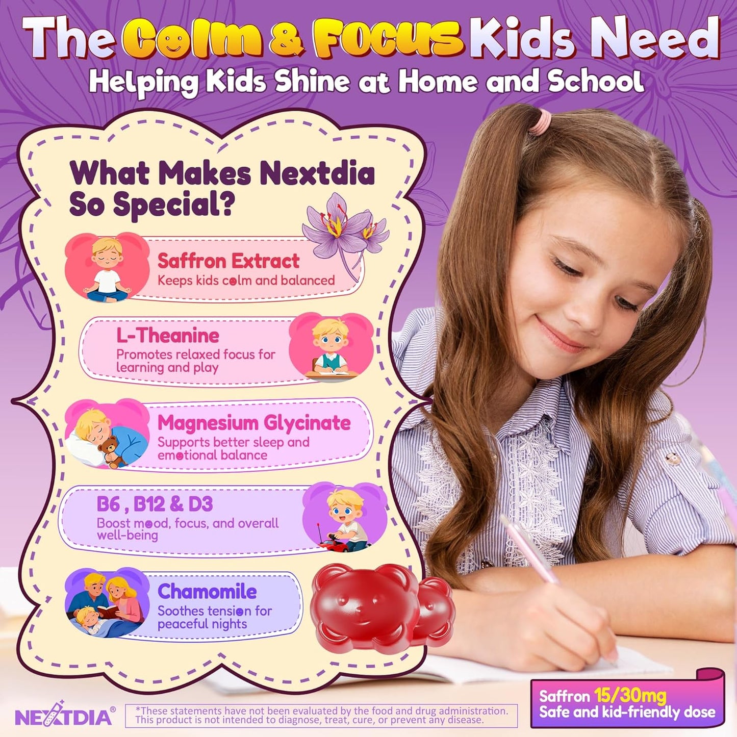 Happy Saffron Gummies for Kids Teen, Organic Saffron + Magnesium Glycinate Supplement with Probiotics, L-Theanine, Chamomile, D3, B6, B12 for Children's Focus & Mood, Calm, Sleep, Sugar Free, 120 Cts