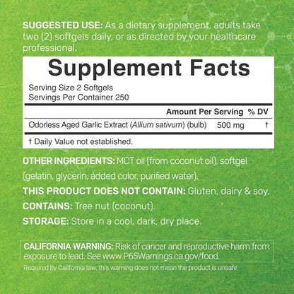 Odorless Aged Garlic, 500 Softgels – Enhanced with MCT Oil - Fresh Allium Sativum Bulb Source – 2-Years Aged Garlic Extract – Non-GMO, cGMP Manufactured