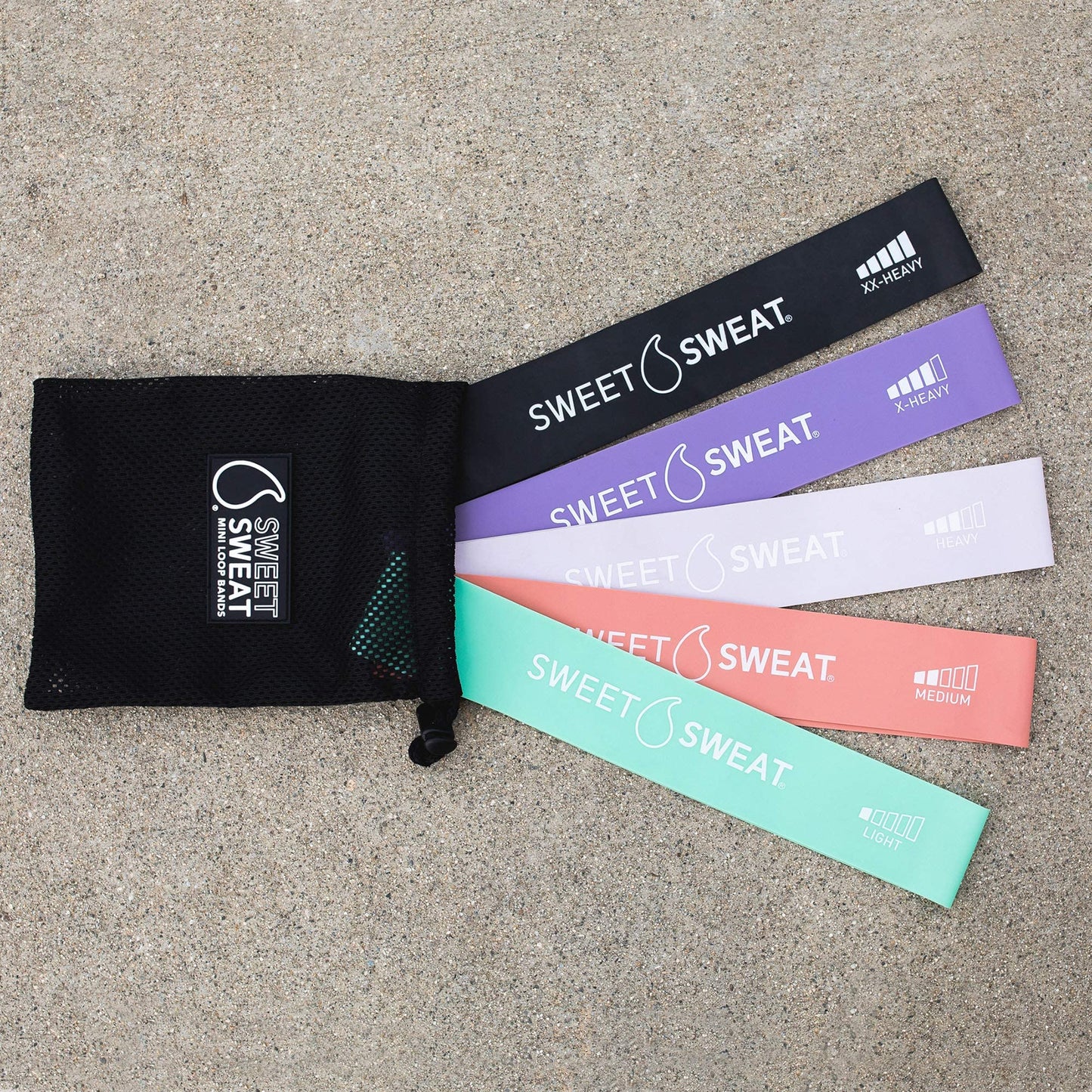 Sweet Sweat Mini Loop Resistance Bands - Set of 5 | Exercise Hip Booty Bands for Squats, Lunges, Physical Therapy, Yoga, Pilates, Rehab & Home or Gym Workouts