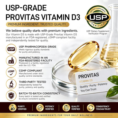 Vitamin D3 5000 IU (125 mcg),360 Day Supply Vitamin D Softgels | USP-Grade Provitas® Softgels with MCT & Olive Oil,High Potency Immune & Bone,Muscle Health Support Supplement,Non-GMO