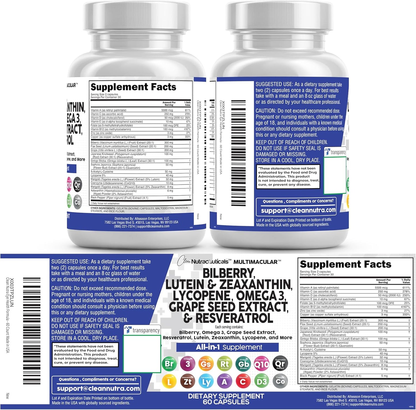 Clean Nutra Eye Vitamins with Bilberry Lutein and Zeaxanthin Supplements Lycopene 40mg Resveratrol Grape Seed Astaxanthin for Eyes - Eye Care Health Support Eye Vitamin and Mineral Supplement