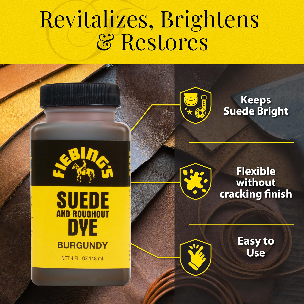 Fiebing's Black Suede Dye (4 oz) - Recolor, Brighten & Restore Suede & Roughout Leather Shoes, Furniture, Purse - Includes Wool Dauber for Easy Application - Flexible When Dry, Won't Crack or Peel