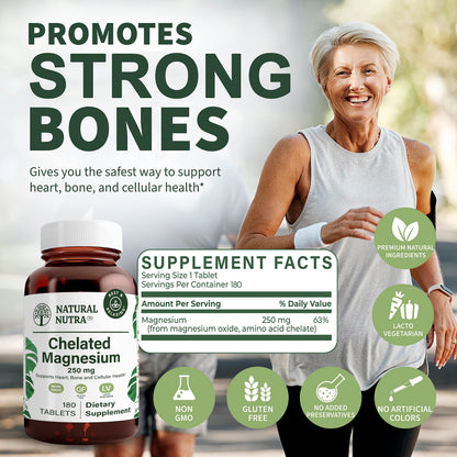 Natural Nutra Chelated Magnesium Oxide 250mg- High Absorption for Strong Bones, Heart Health, Improves Dental Health, Energy Boost, Gluten-Free, Non-GMO, 90Tablets in BPA-Free Recyclable Glass Bottles