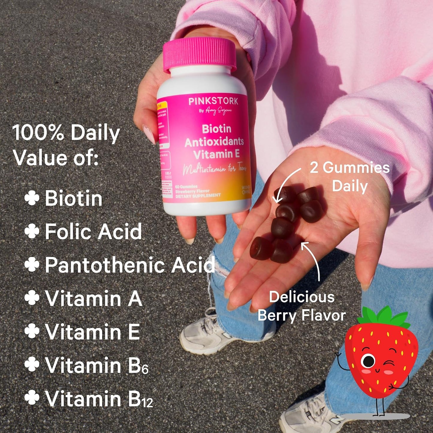 Pink Stork Biotin Multivitamin for Teens, 60 Berry Gummies | Antioxidants, Vitamin E, Clinically Studied Vitamins + Nutrients, Hair, Skin, Nails + Immune Support