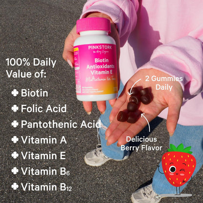 Pink Stork Biotin Multivitamin for Teens, 60 Berry Gummies | Antioxidants, Vitamin E, Clinically Studied Vitamins + Nutrients, Hair, Skin, Nails + Immune Support