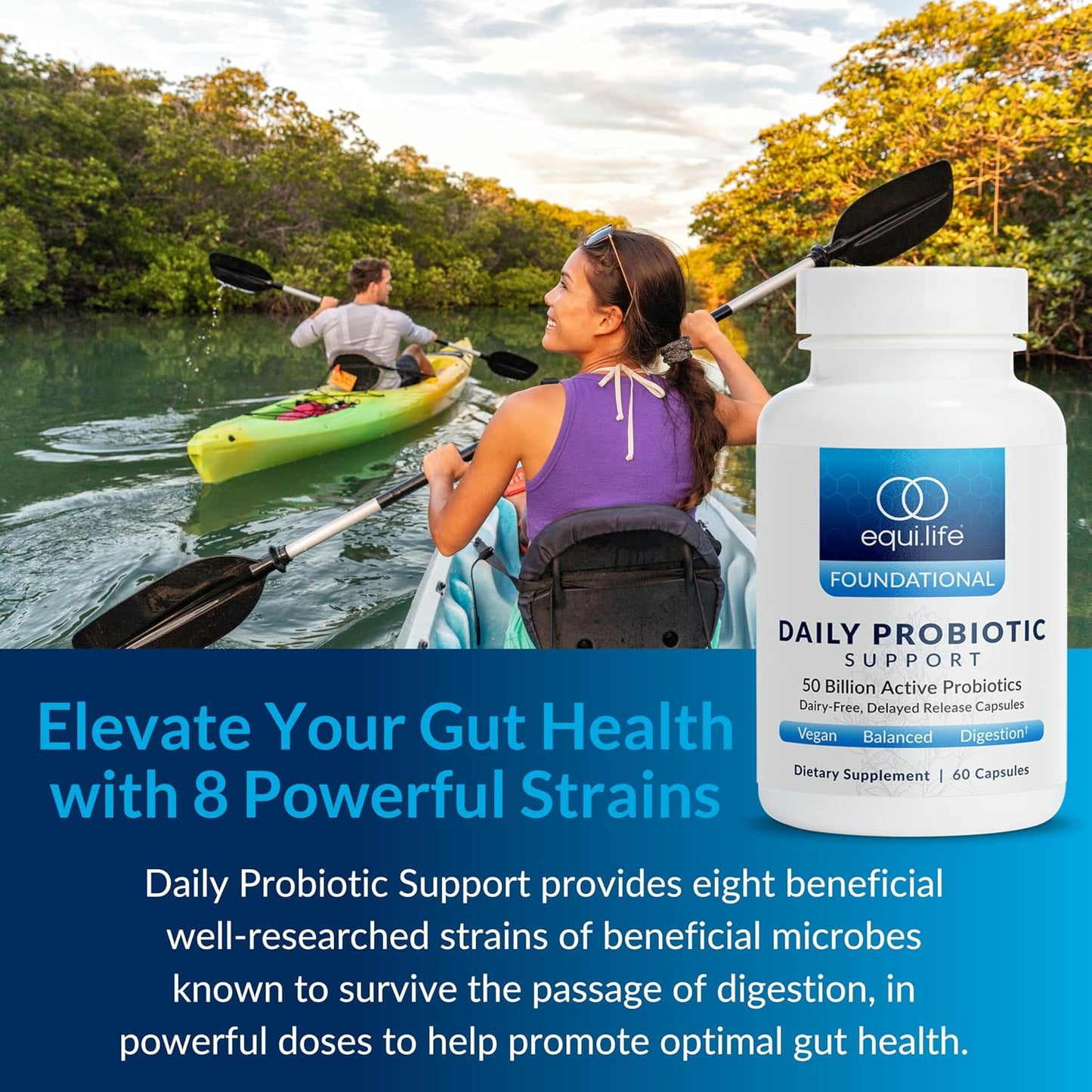 Equilife Daily Probiotic Support, 50 Billion CFU, Non GMO, 60 Capsules | 8 Probiotic Strains | Supports Digestive Health, Lactose Tolerance & Helps Reduce Bloating | Dairy, Soy & Gluten Free