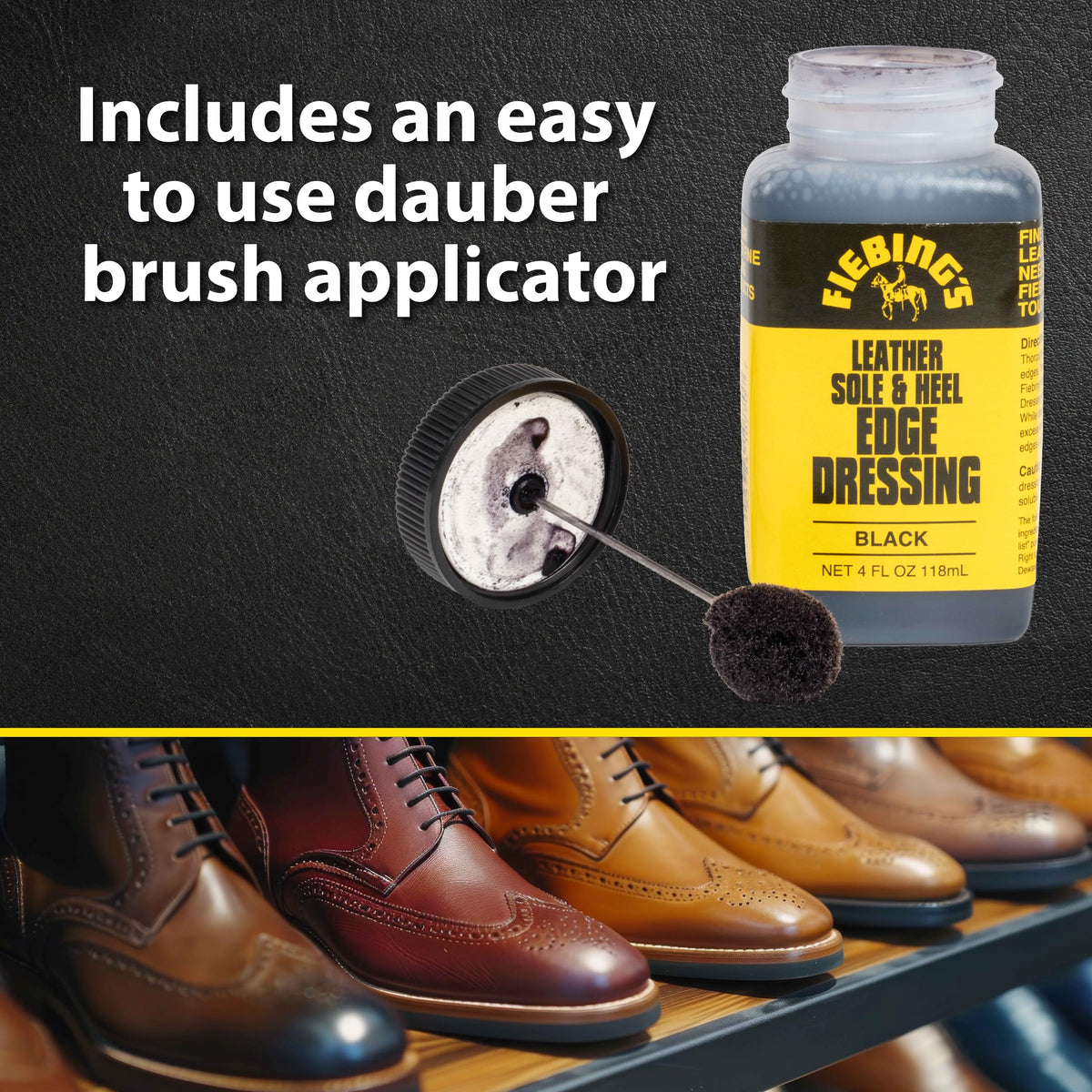 Fiebing's Leather Sole & Heel Edge Dressing (4 oz) - High Gloss, Protective Shoe Dressing Polish - Includes Brush Applicator