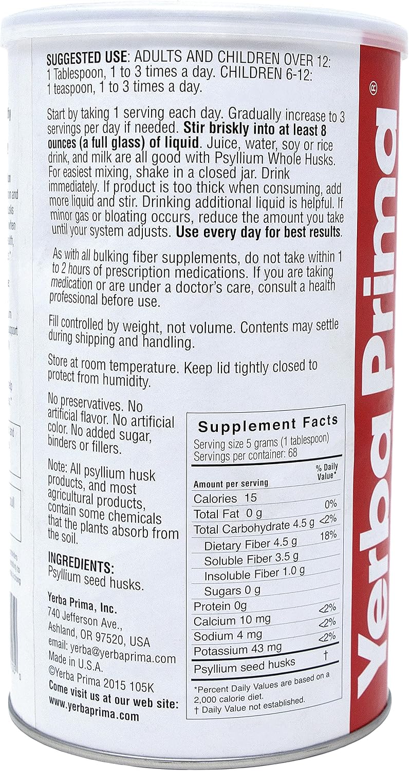 Yerba Prima Psyllium Husk, 12 Ounce - Whole Husk Fiber Supplement, Vegan, No Sugar or Artificial Sweeteners, Non GMO, Gluten Free