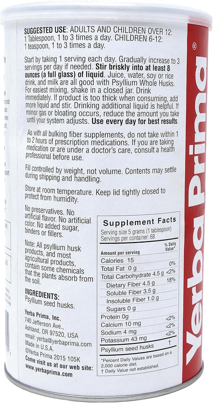 Yerba Prima Psyllium Husk, 12 Ounce - Whole Husk Fiber Supplement, Vegan, No Sugar or Artificial Sweeteners, Non GMO, Gluten Free