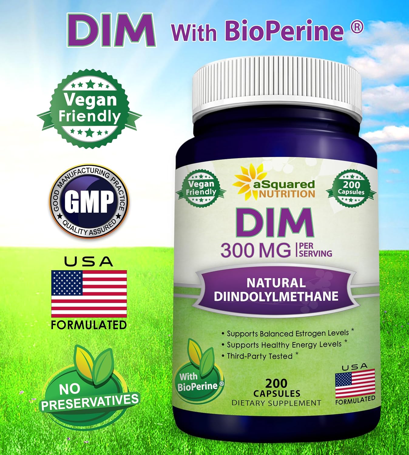 aSquared Nutrition DIM Supplement 300mg Per Serving Plus BioPerine - 200 Veggie Capsules - Diindolylmethane DIM Max Strength Pills to Support Estrogen Metabolism & Balance, Menopause, Hormonal Acne