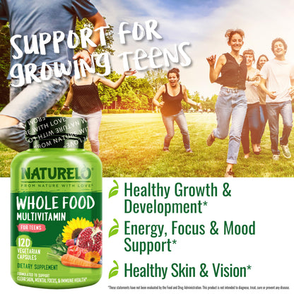 NATURELO Multivitamins for Teenage Girls/Boys, 60 Capsules, Whole Food Multivitamin with Minerals, Non-GMO, Vegetarian