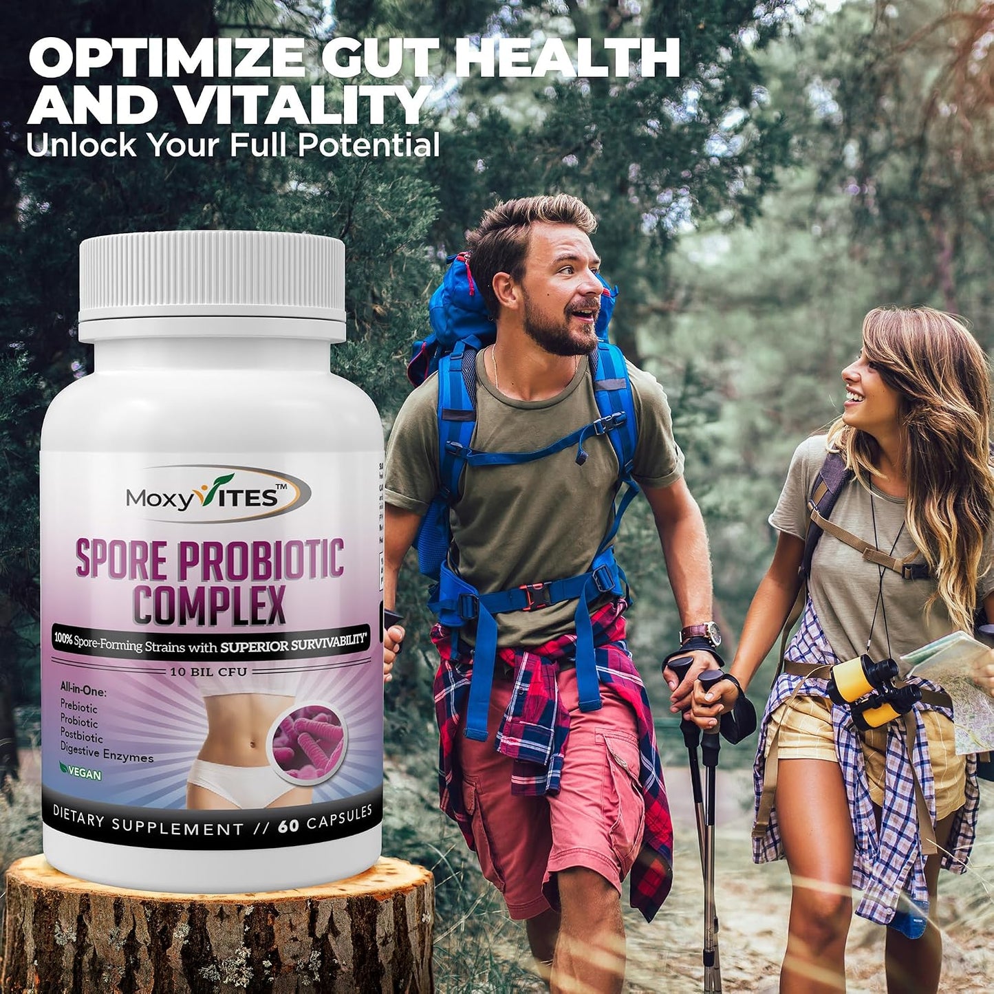 MoxyVites Spore Probiotic Complex - All In One Prebiotics and Probiotics for Digestive Health, Postbiotic, Digestive Enzymes Daily Supplement - Spore Based Probiotic for Women & Men