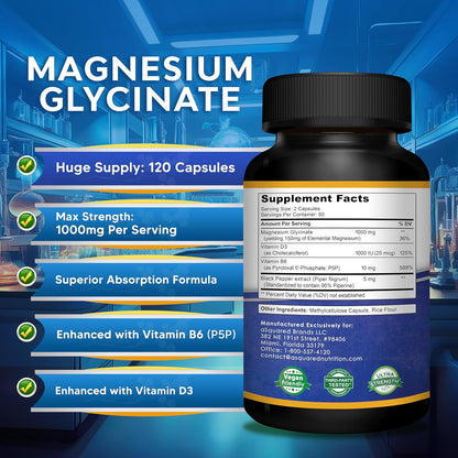 Glicinato de magnesio 1000mg con vitamina D3 y B6-500mg por cápsula - Suplemento complejo de magnesio elemental puro para el sueño, los músculos y la salud ósea - Reemplace gomitas, tabletas y polvo