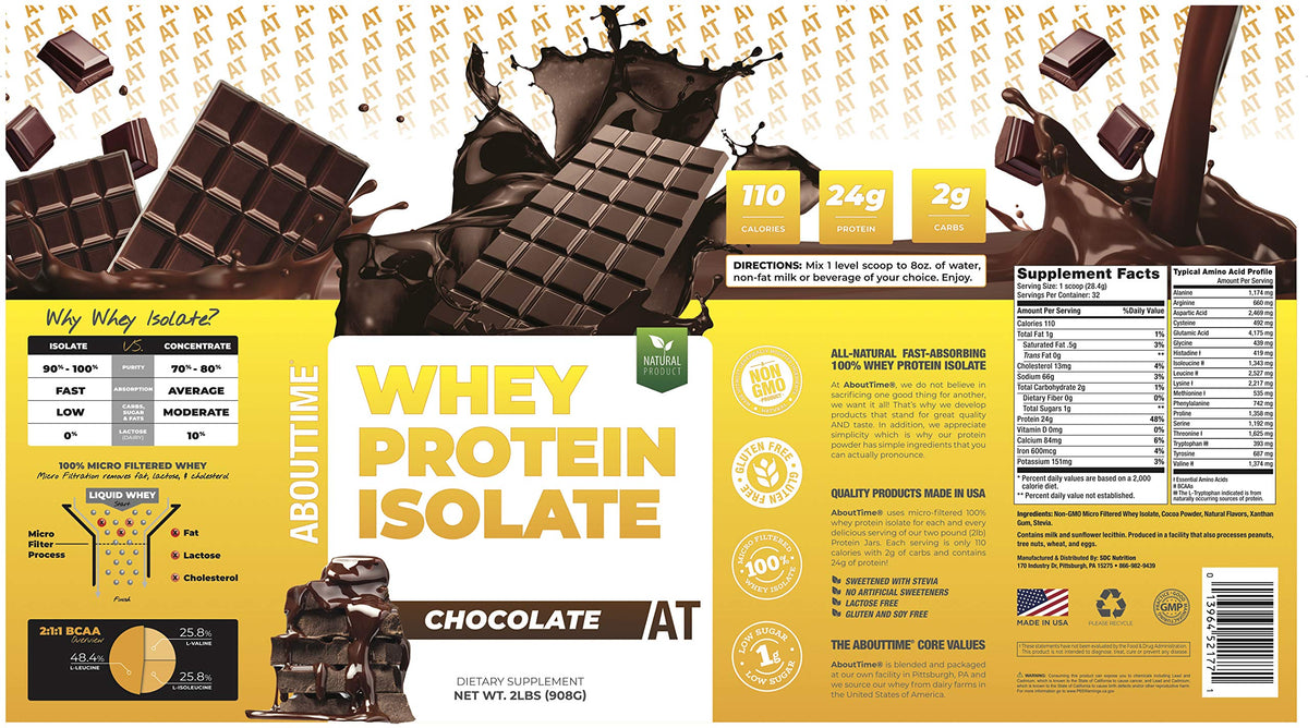 About Time Whey Protein Isolate Chocolate 2lb - 25g Protein, Non-GMO, 0g Fat, 0g Sugars