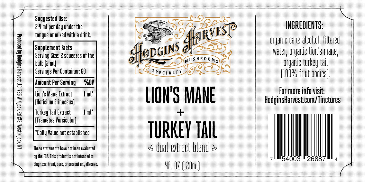Hodgins Harvest Organic Lion's Mane Fruiting Body Extract Tincture - Mushroom Supplement for Brain Health and Mental Focus - Dual Extract Formula - Extra Concentrated - 4 fl oz Bottle