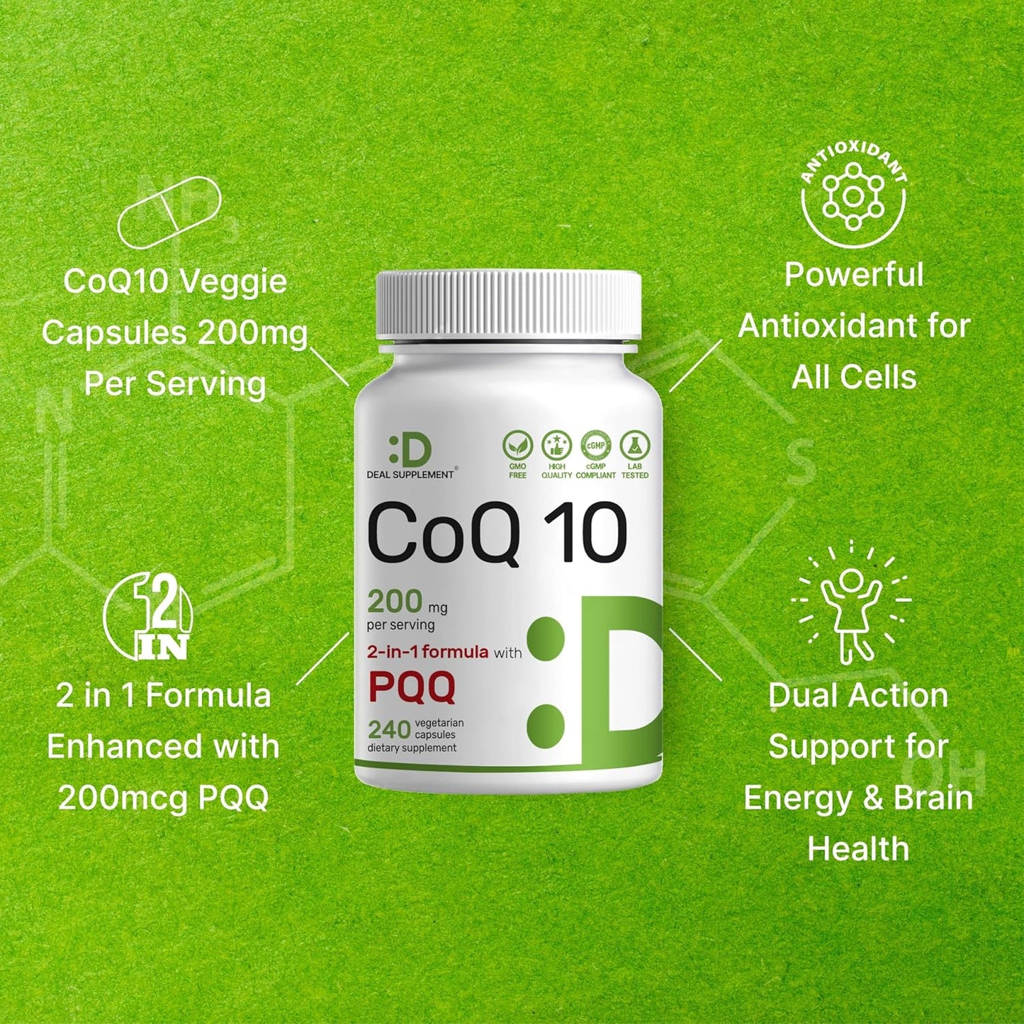 DEAL SUPPLEMENT CoQ10 200mg with PQQ 200mcg, 240 Veggie Capsules | Bioavailable Coenzyme Q10 Complex | Supports Heart, Energy & Brain Health | Antioxidant Support | Non-GMO