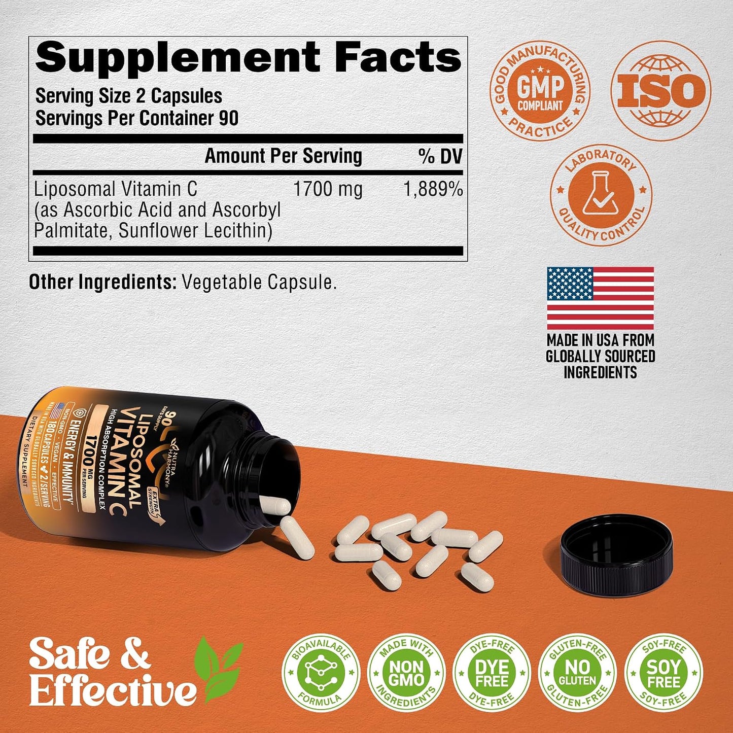 Liposomal Vitamin C 1700 mg - High Absorption Fat Soluble Complex - Antioxidant, Energy Boost & Immune Support - Vitamin C Supplement - NON-GMO, SOY-Free & Gentle on Stomach - 180 Capsules