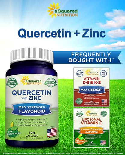 Quercetin with Zinc Supplement - 1000mg Per Serving - 120 Capsules | Quercetin Dihydrate with Zinc & Black Elderberry - Max Strength Powder Complex Pills to Help Improve Immune Response