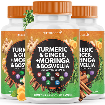 Turmeric Moringa Supplement | Ginger, Boswellia, Saffron, Holy Basil- Joint Support Supplement for Women and Men with Ceylon Cinnamon, Quercetin, Tart Cherry- 240 Count