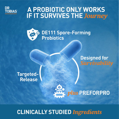Dr. Tobias Deep Immune Probiotic + Prebiotic 60 Capsules | Gut Health | Dual Action Gut & Immune Support | DE111 Spore Forming Probiotics + PreforPro | Targeted Release | Shelf Stable | 30 Servings
