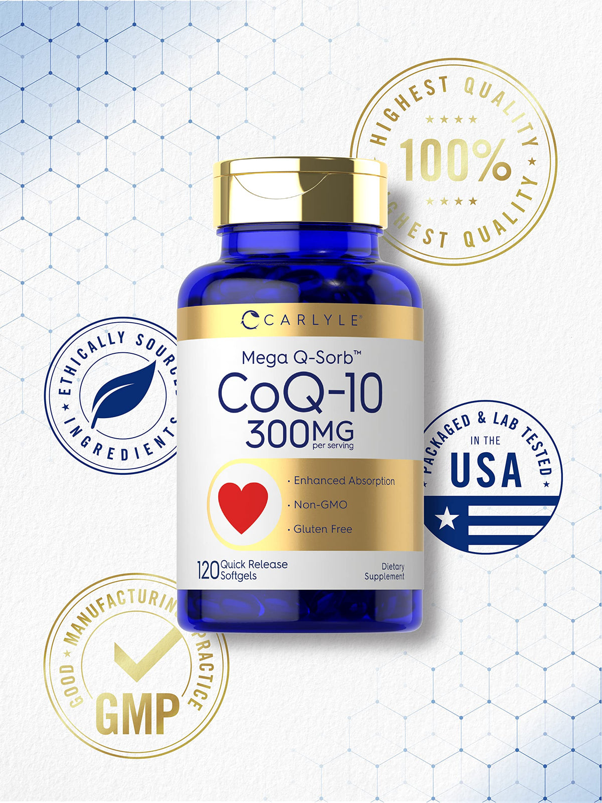 Carlyle CoQ10 300mg | 120 Softgels | Mega Q-Sorb Coenzyme Q-10 | with Black Pepper