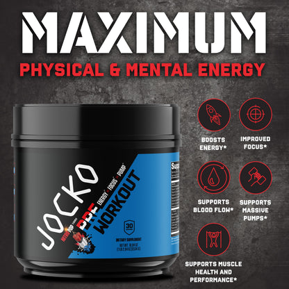 Jocko Fuel Ultimate Pre Workout Powder - Pre-Workout Energy Powder Drink for Men & Women - High Stim Sugar-Free Nootropic Blend to Support Muscle Pump, Energy, & Recovery 200mg Caffeine Blue Raspberry