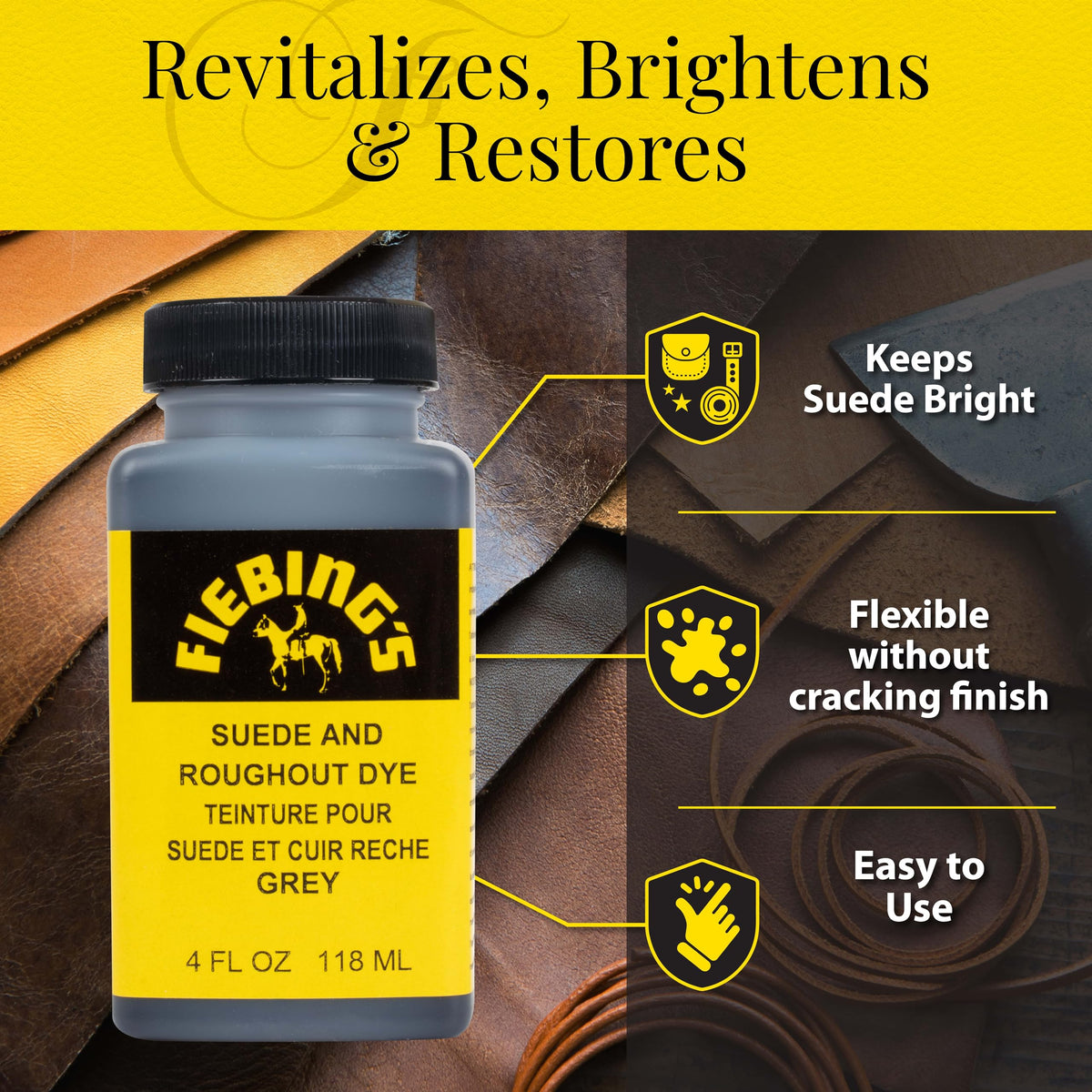 Fiebing's Black Suede Dye (4 oz) - Recolor, Brighten & Restore Suede & Roughout Leather Shoes, Furniture, Purse - Includes Wool Dauber for Easy Application - Flexible When Dry, Won't Crack or Peel