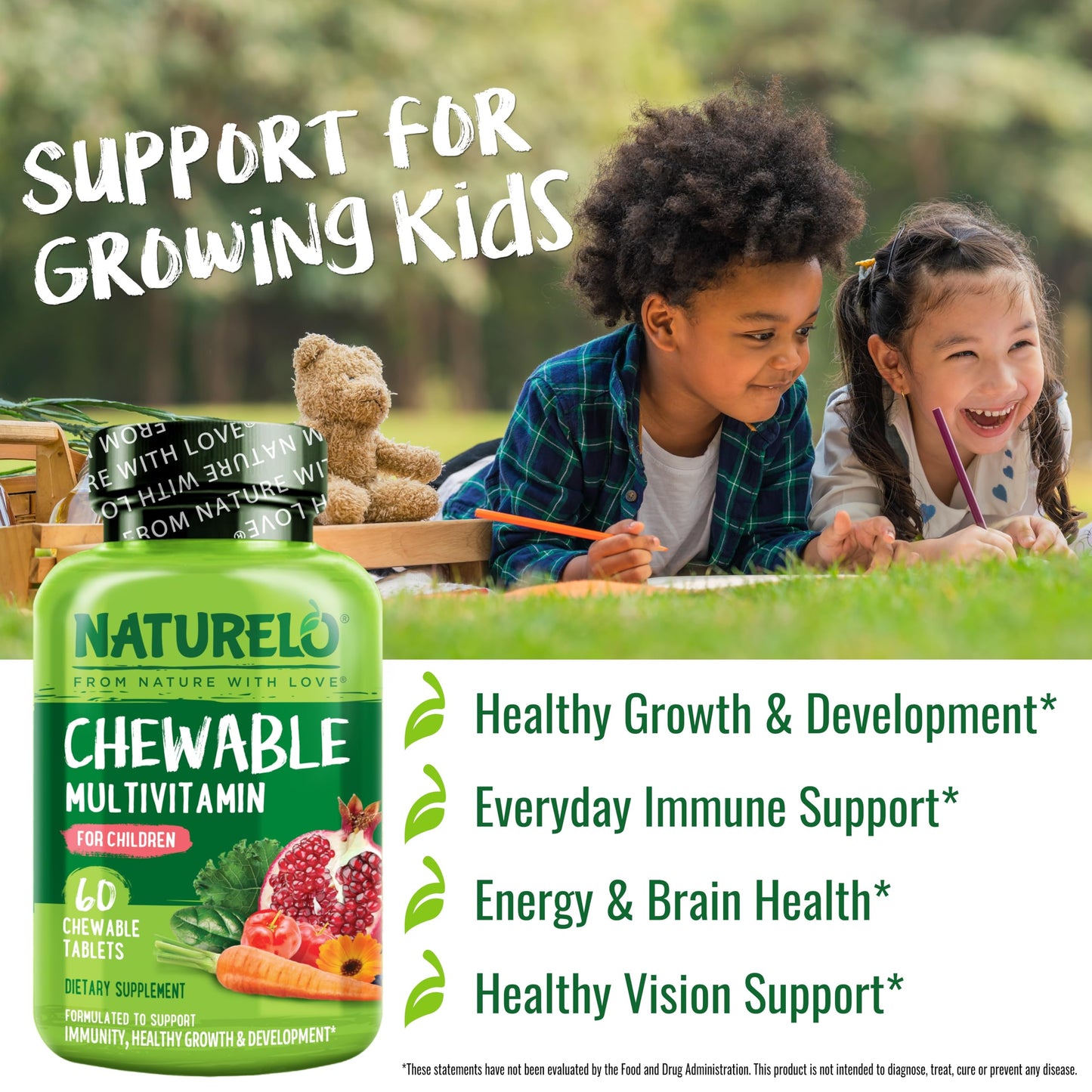 NATURELO Chewable Vitamin for Kids Multivitamin with Whole Food Organic Fruit Blend - 60 Tablets for Children