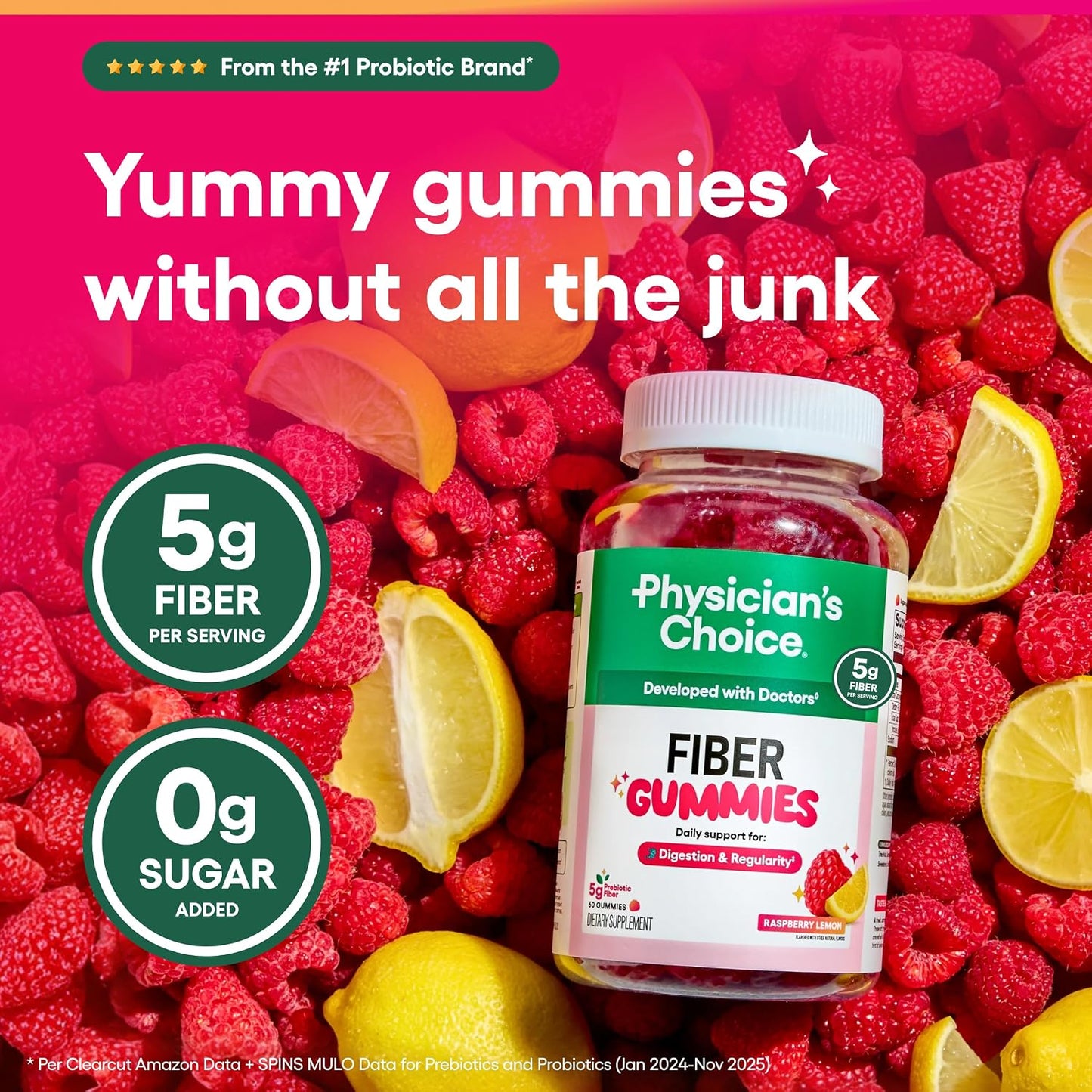 Physician's CHOICE Fiber Gummies for GLP-1 Support - No Sugar Added & Vegan - Raspberry Lemon - Natural Chicory Root Prebiotic Fiber Gummy - Digestive Health & Regularity for Women & Men - 60CT