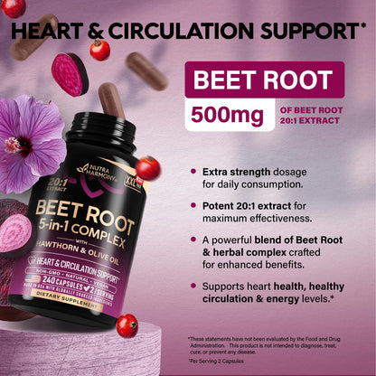 Beet Root Capsules - Healthy Blood Pressure Support Supplement** for Heart & Circulation Support - with Hawthorn Berry, Hibiscus & Garlic - Nitric Oxide for Energy - Made in USA, 120 Capsules