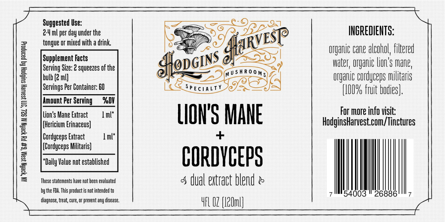 Hodgins Harvest Organic Lion's Mane Fruiting Body Extract Tincture - Mushroom Supplement for Brain Health and Mental Focus - Dual Extract Formula - Extra Concentrated - 4 fl oz Bottle