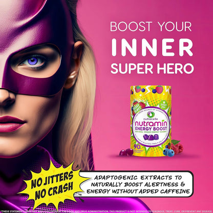 NUTRAMIN Energy Boost Vitamin Gummy - Skip The Coffee & Boost Your Energy, Caffeine-Free, Sugar-Free, Vegan, B12, Green Tea, Ashwagandha, Garcinia Cambogia, Raspberry Adaptogen - 90 ct