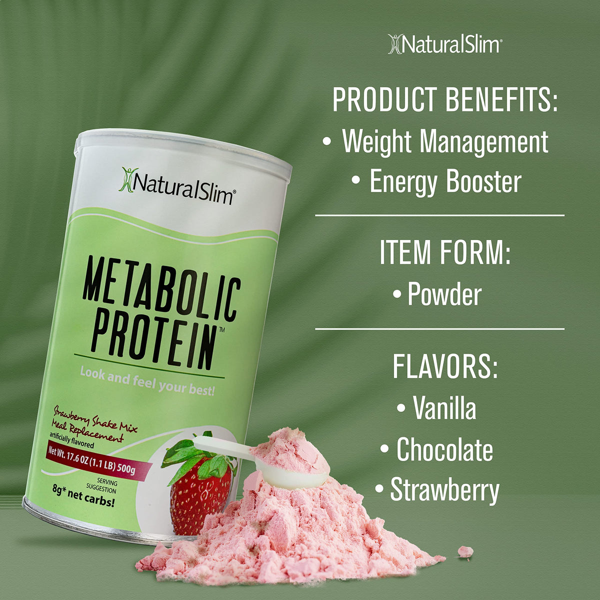 NaturalSlim Metabolic Whey Protein Powder Strawberry – Low Carb, Meal Replacement