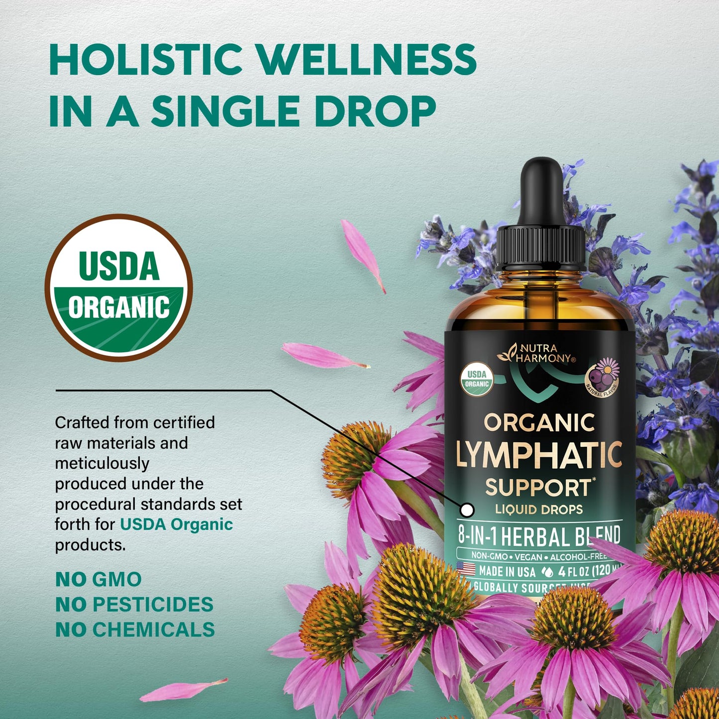 USDA Organic Lymphatic Drainage Supplement - Echinacea | Elderberry | Dandelion | Rosehip | Cleavers | Calendula | Burdock - Lab Tested - Lymph System Drops - Immune Support, Cleanse & Detox, 2 fl oz