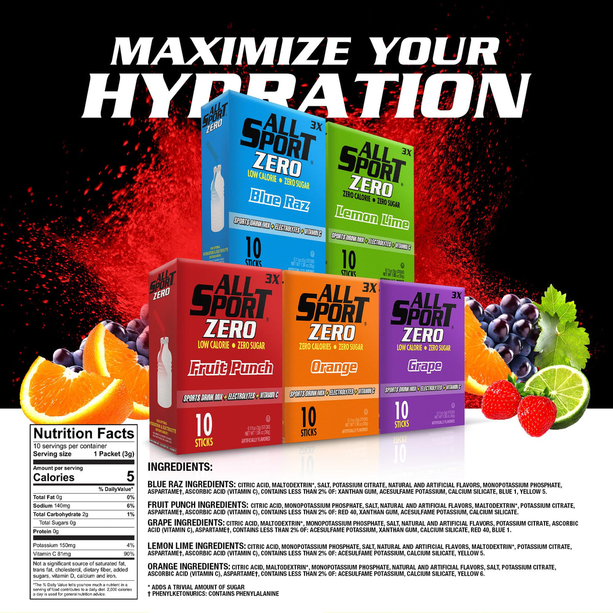 All Sport Zero Variety Powder Sticks, Sugar Free Electrolytes (Pack of 50)