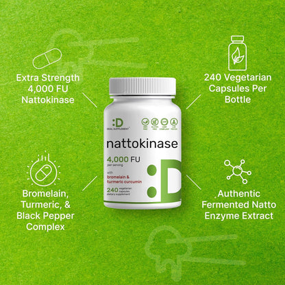 Nattokinase Supplement 4,000 FU Per Serving, 240 Veggie Capsules – Japanese Natto with Bromelain, Turmeric Curcumin & Black Pepper Complex – Digestive Enzymes & Heart Health – Non-GMO, Vegan