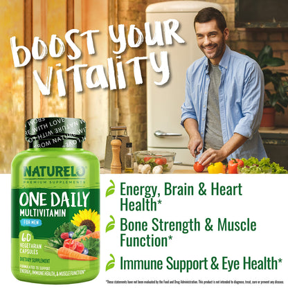 NATURELO Mens Multivitamins - One Daily Multivitamin for Men with Vitamins, Minerals & Organic Whole Foods, Boost Energy & Health, Non-GMO, 120 Vegetarian Capsules