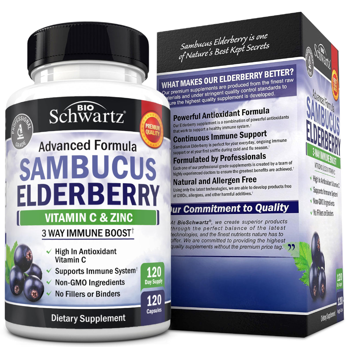 Elderberry Capsules with Zinc and Vitamin C for Adults, 60 Count