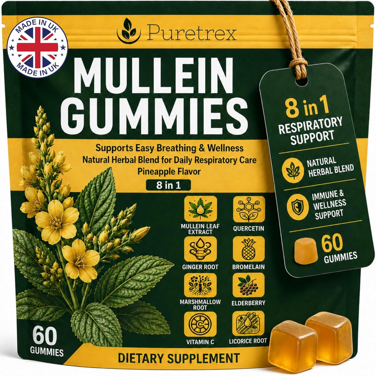 Mullein Gummies 60 Count, 8 in 1 Herbal Blend for Respiratory Support, Lung & Immune Care, Mullein Leaf Extract, Elderberry, Vitamin C, Ginger Root, Quercetin, Bromelain, Pineapple Flavor