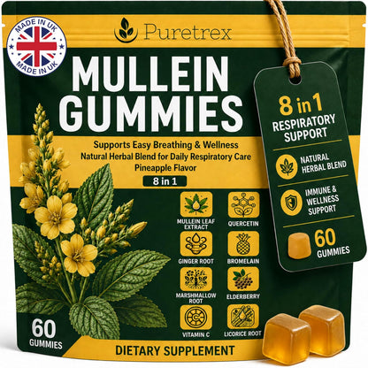 Mullein Gummies 60 Count, 8 in 1 Herbal Blend for Respiratory Support, Lung & Immune Care, Mullein Leaf Extract, Elderberry, Vitamin C, Ginger Root, Quercetin, Bromelain, Pineapple Flavor