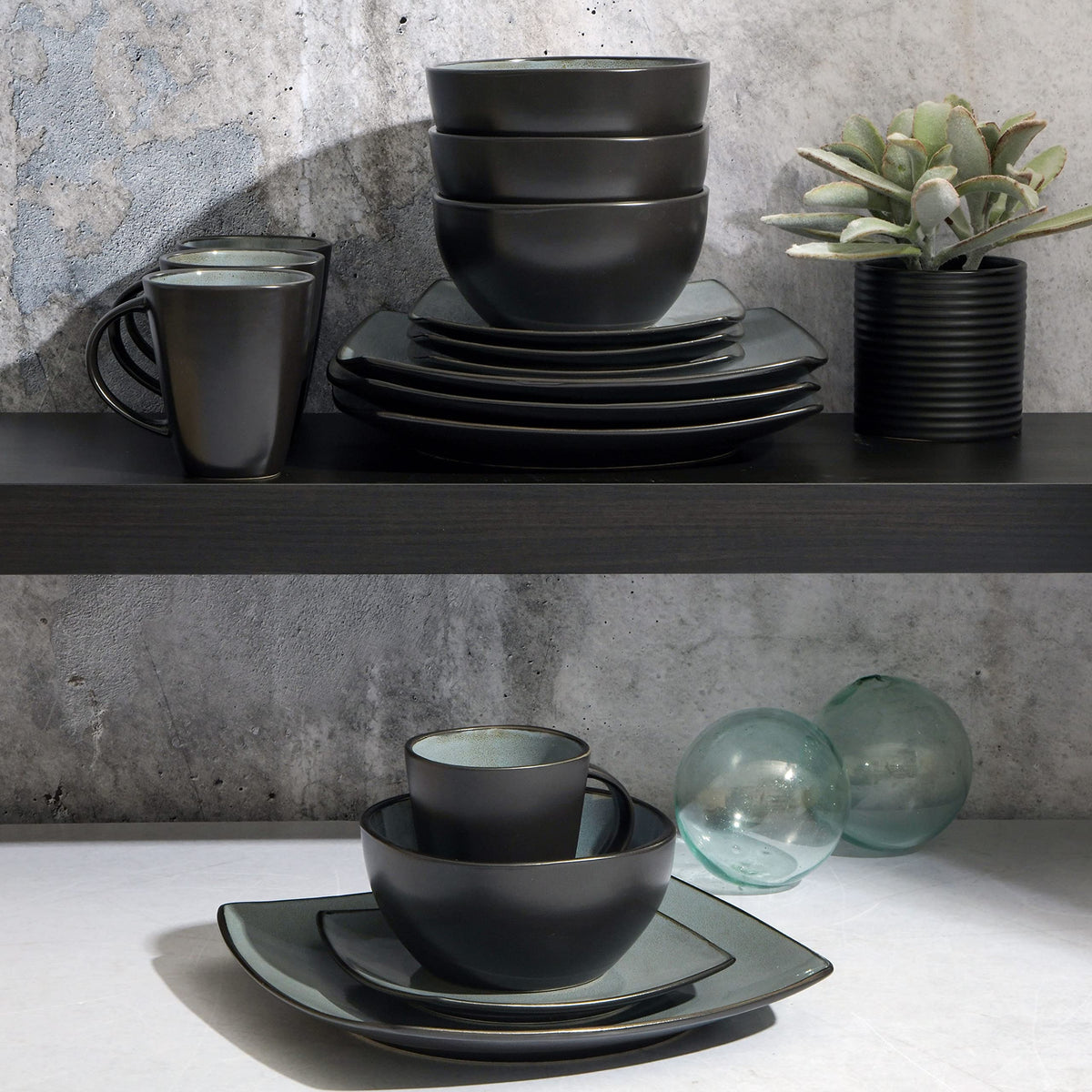 Gibson Soho Lounge Square Reactive Glaze Stoneware Dinnerware Set, Service for 4