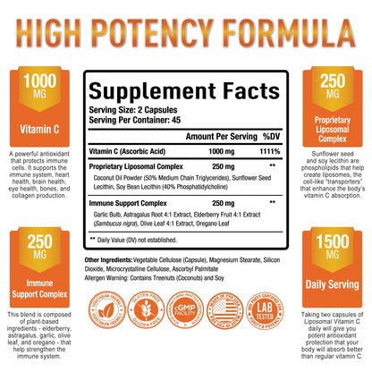 Premium Liposomal Vitamin C Supplement - High Absorption, Fat Soluble Ascorbic Acid