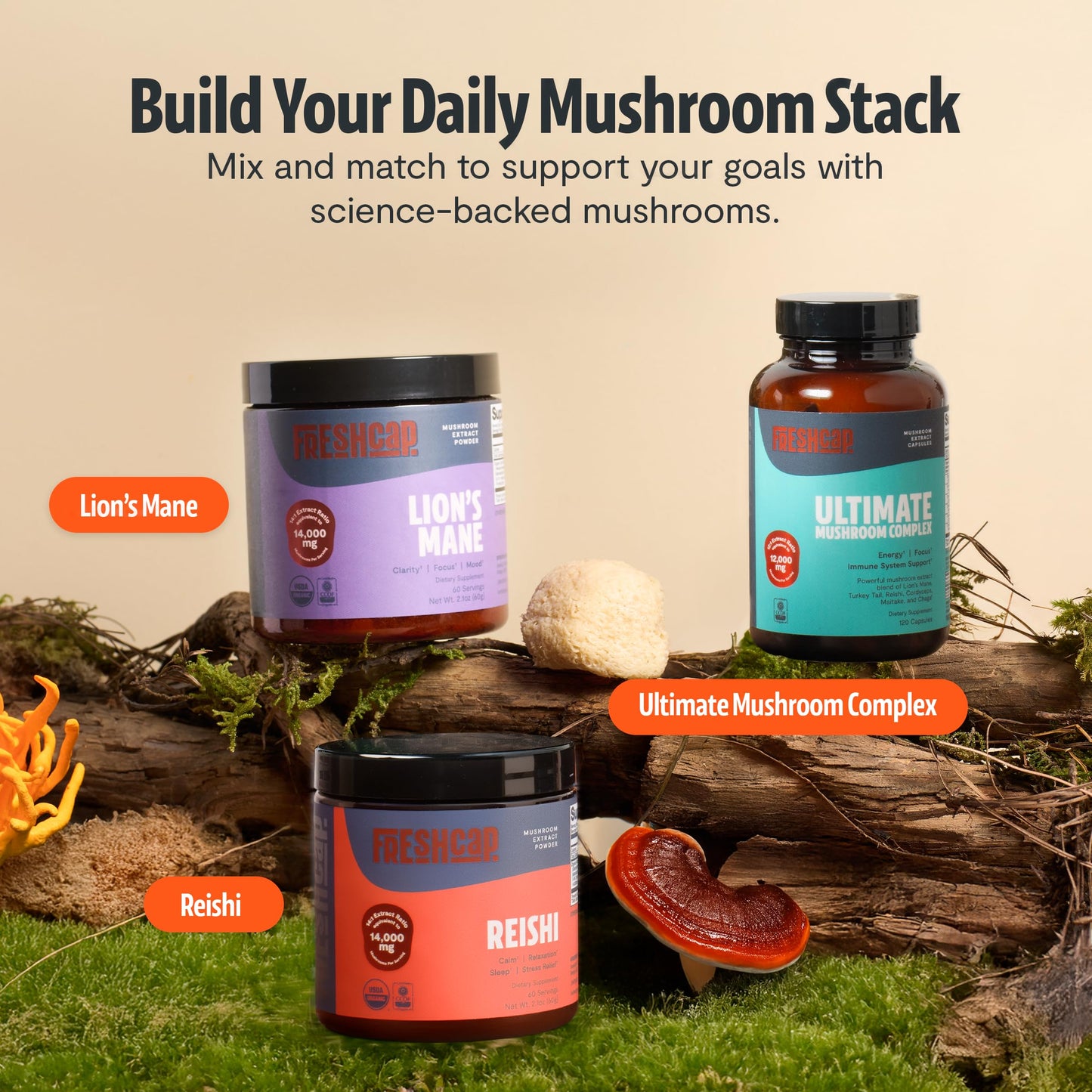 FreshCap Mushrooms Premium Organic Lions Mane Capsules - 14:1 Fruiting Body Extract with 31% Beta-Glucans - 3rd-Party Tested Nootropic for Clarity, Focus & Cognitive Support (120 Capsules)