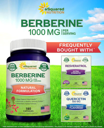 aSquared Nutrition Pure Berberine 1000mg Supplement - 180 Veggie Capsules, Natural Berberine Hydrochloride HCL Plus, Max Strength 1000 mg (2X 500mg), Potent Berberine Vegan Extract