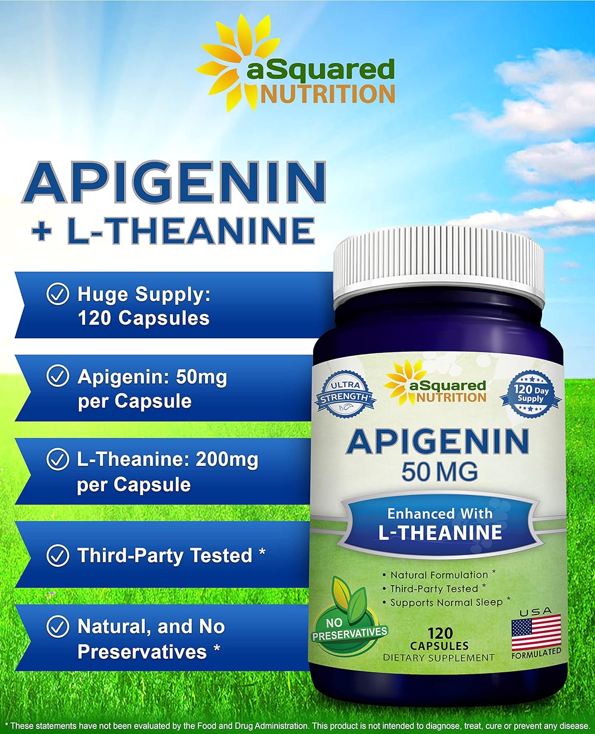 aSquared Nutrition Apigenin 50mg & L-Theanine 200mg - 120 Capsules - Apigenin Supplement Pills for Sleep and Relaxation - Natural Bioflavonoid Extract Found in Chamomile Tea | Apigenin Supplement Pills for Relaxation - Natural Bioflavonoid Extract Powder